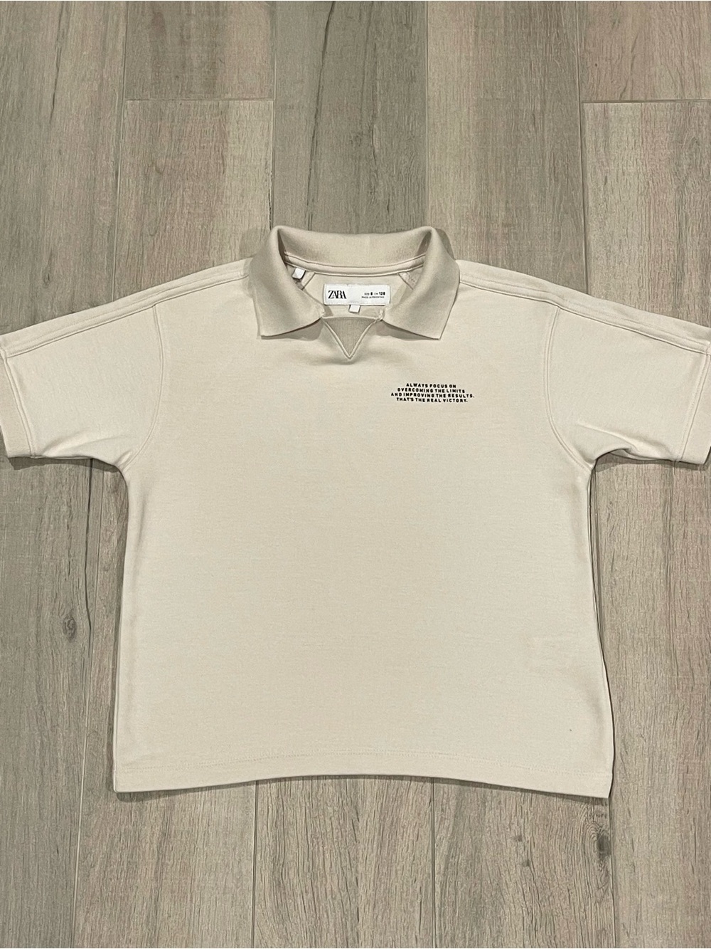 ZARA Boys Cream Polo T-Shirt Size 7-8 (128 cm) Minimalist Cotton Blend Tee